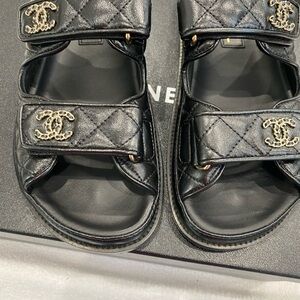 Chanel Black Quilted Sandals with Gold Accents